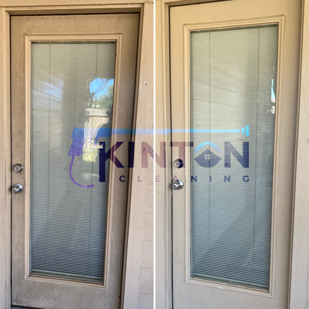 Soft wash removes algae from the door of a Houston area home.
