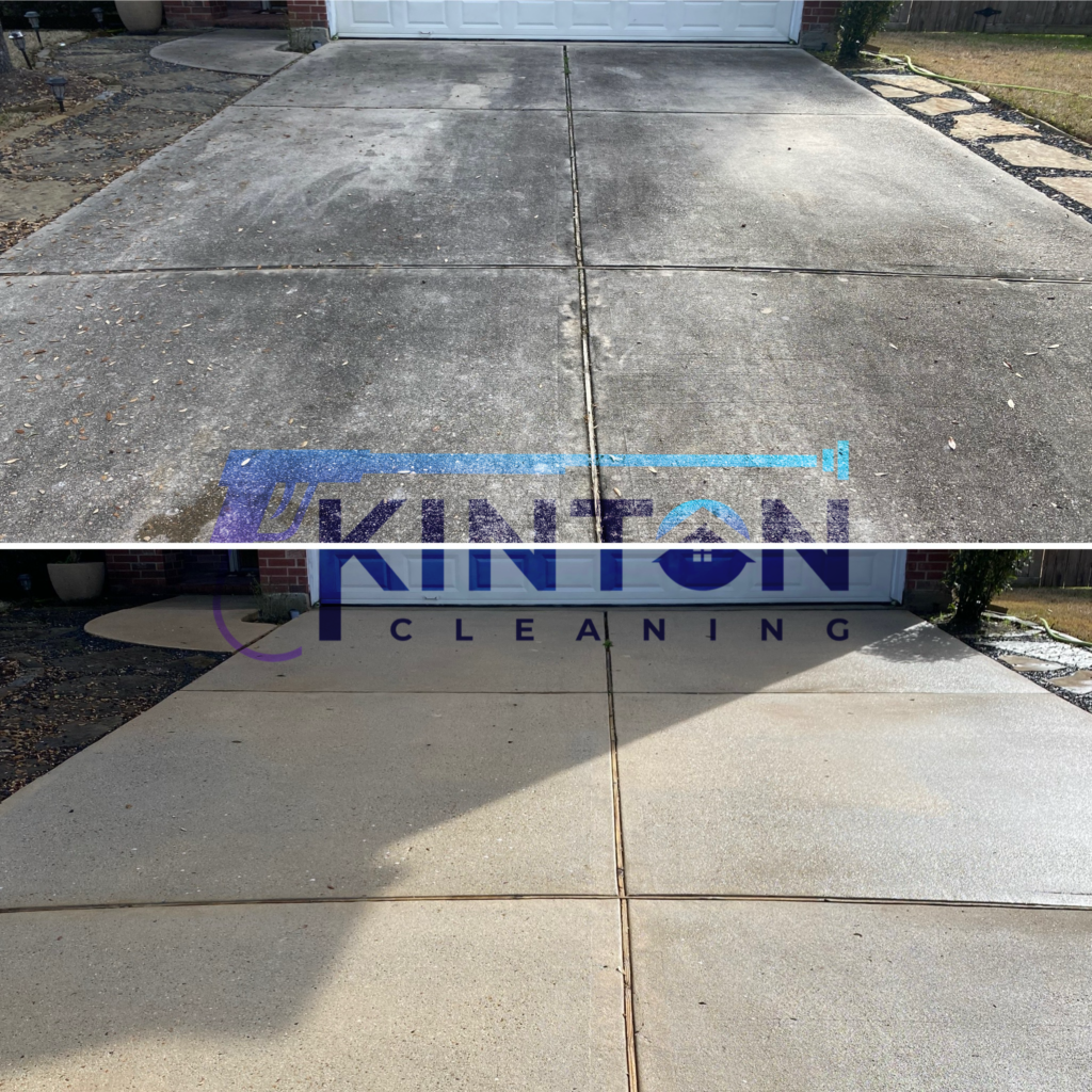 Full driveway and sidewalk cleaning showing before and after Kinton Pressure Washing and Cleaning's work completion. 